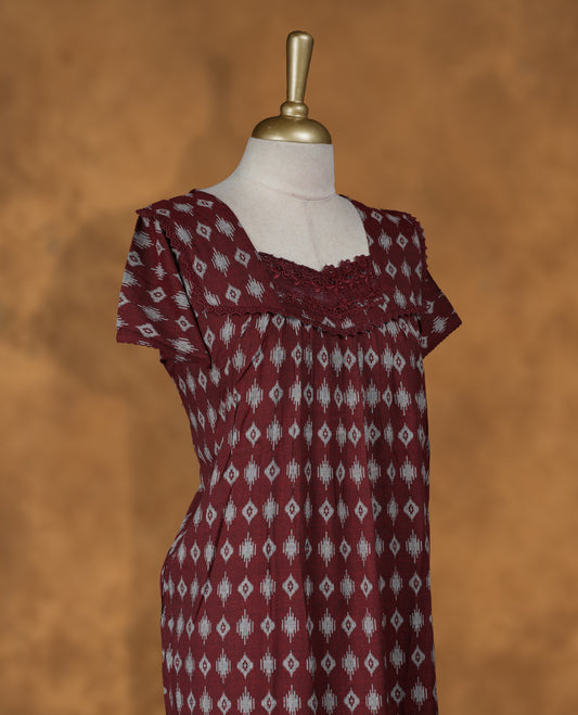 dark red Nighty Featuring Elegant diamond Patterns, diamond Neckline with Lace Border, Short Sleeves, and Full Ankle-Length Design