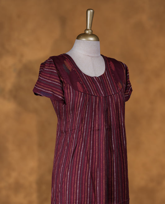 Deep Brown colour Nstyle nighty with featuring a White floral pattern, a Round neckline with diamond pattern, Short sleeve, and a full-length