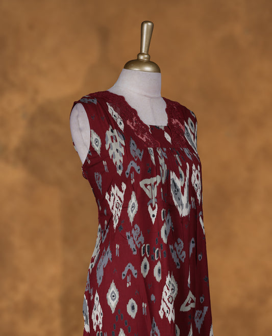 Dark red colour NStyle nighty featuring white & gray pattern, a V neckline with lace details , sleeveless, and a full ankle-length design.