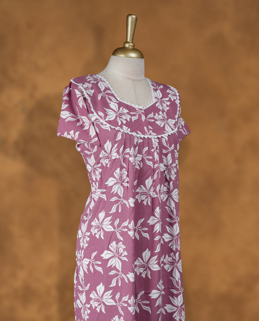Rosewood colour NStyle nighty featuring White floral patterns, a Diamond neckline and thread lace border, short sleeves, and a full ankle-length design.
