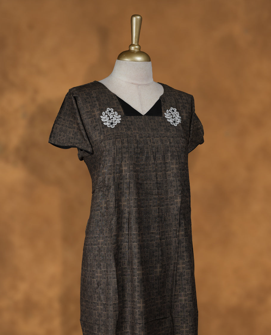 Shade Grown colour Nstyle nighty with featuring a White floral pattern on front and black pattern, a Round neckline, Short sleeve, and a full-length