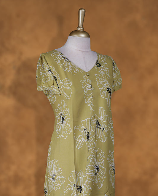 Light olive green colour NStyle nighty featuring white Floral patterns, a V neckline, short sleeves, and a full ankle-length design.