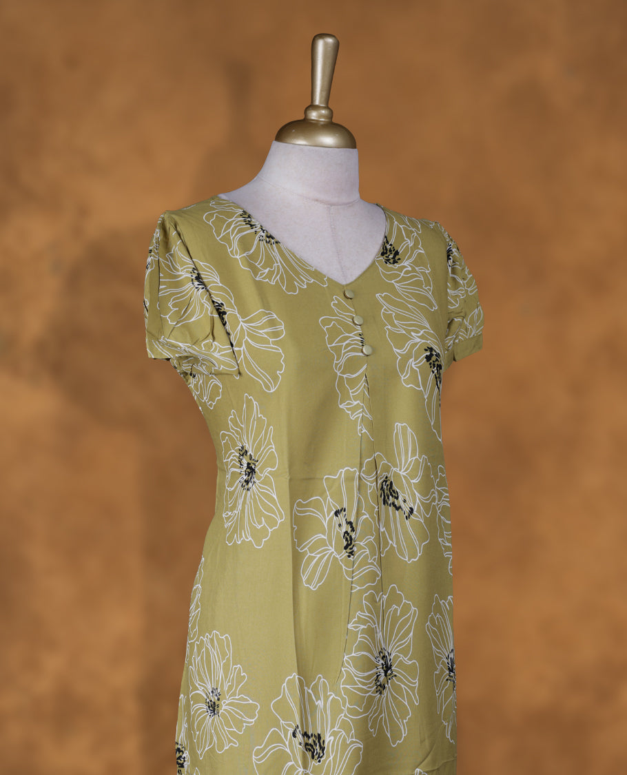 Light olive green colour NStyle nighty featuring white Floral patterns, a V neckline, short sleeves, and a full ankle-length design.