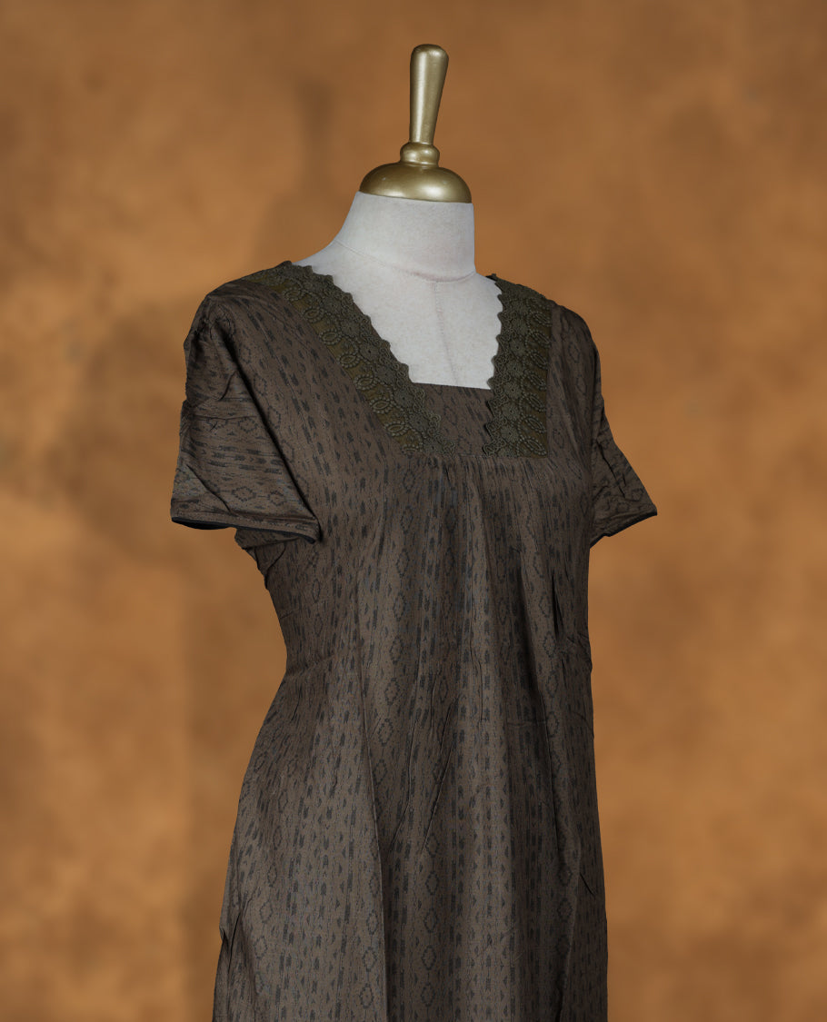 Dark olive colour Nstyle nighty with featuring a Black pattern, a V-neckline with lace detailing, short sleeves, and a full-length
