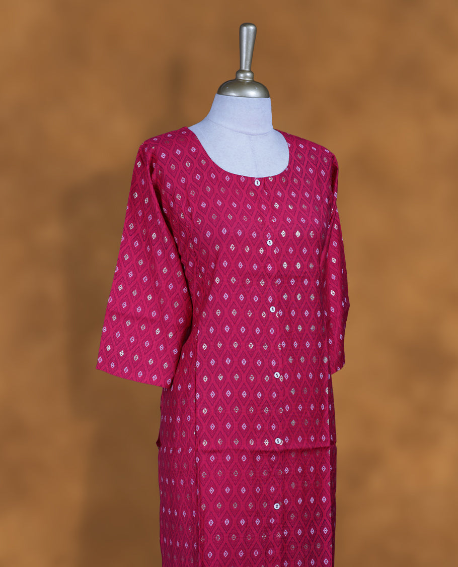 Rani pink colour kurti with styled with round neckline, print pattern across body, knee length design, and a sleeve .