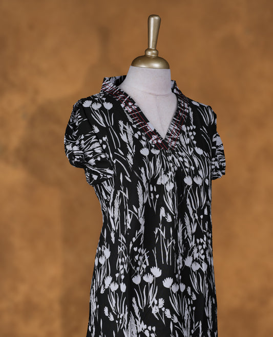 Dark green colour NStyle nighty featuring White floral patterns, a V neckline with thread pattern, short sleeves, and a full ankle-length design.