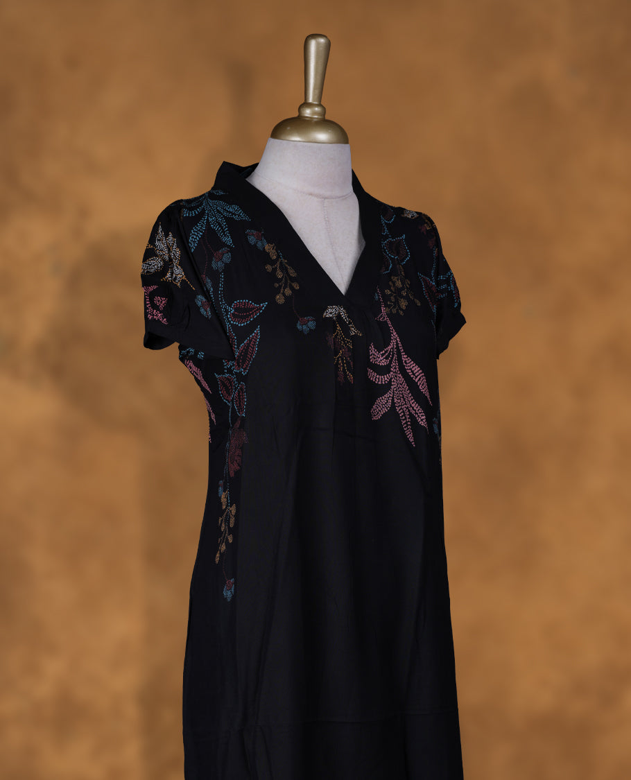 Black colour NStyle nighty featuring coloured floral pattern, a V neckline with collar, short sleeves, and a full ankle-length design.