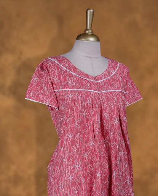 pink colour Nstyle nighty with featuring a White  pattern, a V neckline with lace detailing, Short sleeve, and a full-length