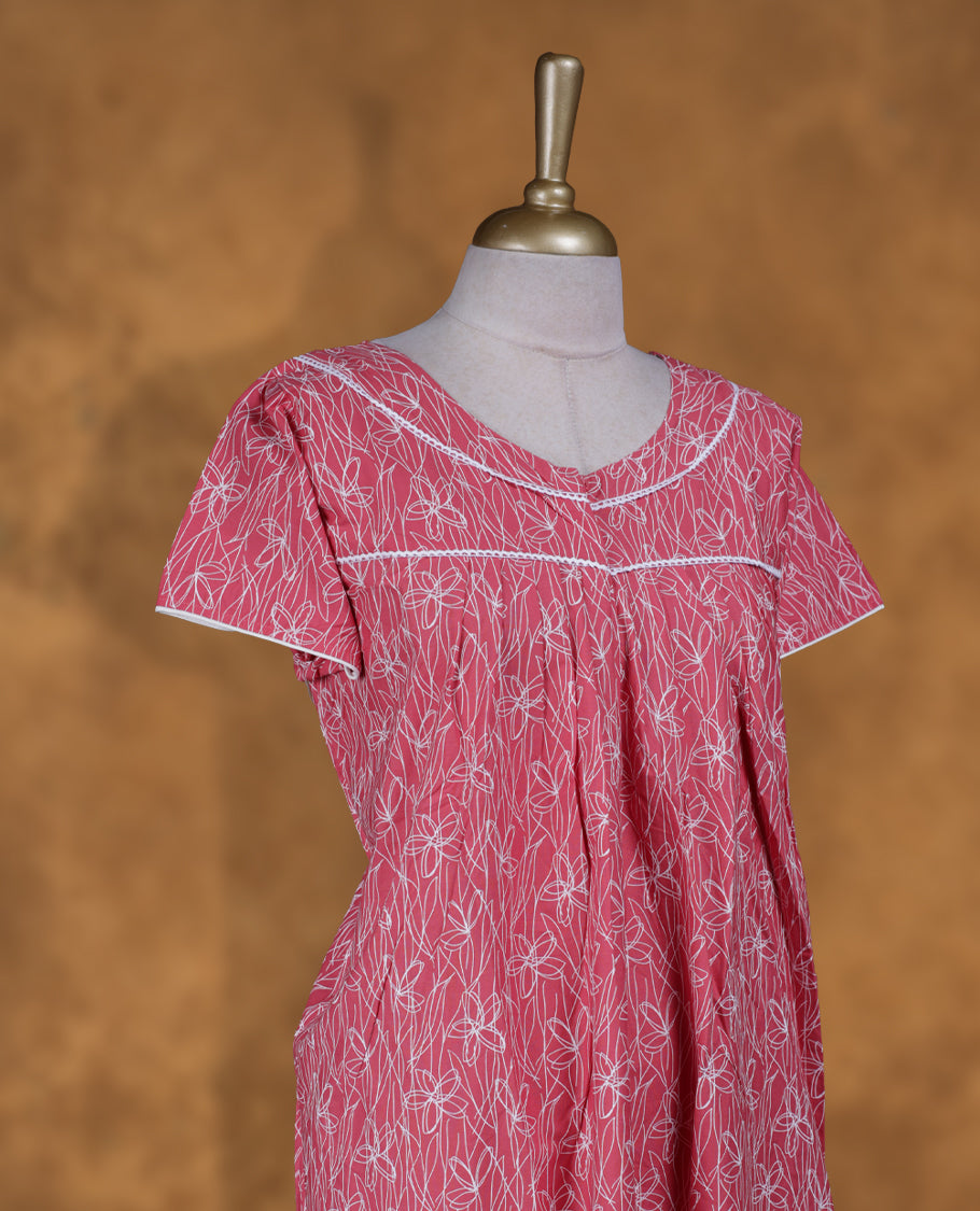 pink colour Nstyle nighty with featuring a White  pattern, a V neckline with lace detailing, Short sleeve, and a full-length
