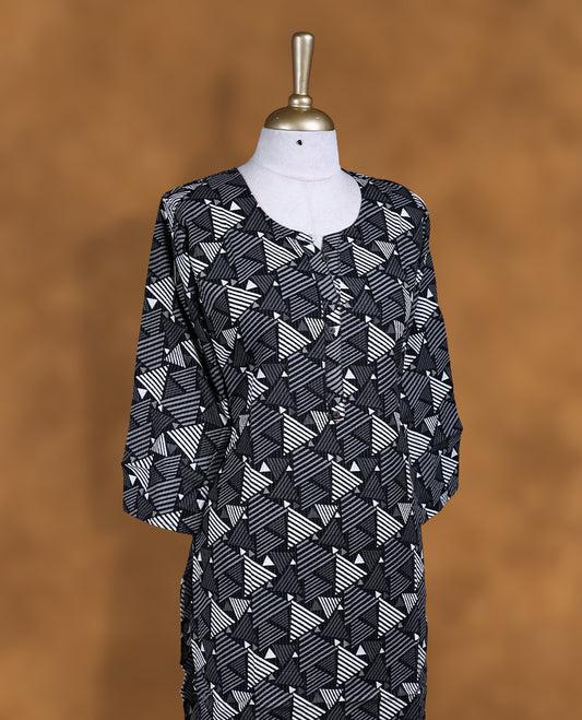 Black  colour kurti with styled with round with v split neckline, geometric print pattern across body knee length design, and a sleeve .