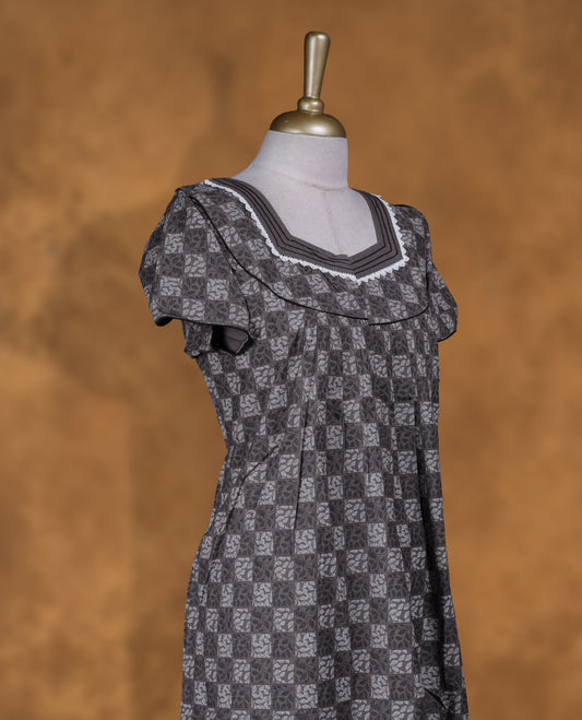 Grey colour NStyle nighty featuring checkered patterns, a diamond neckline with lace trim detailing, short sleeves, and a full ankle-length design
