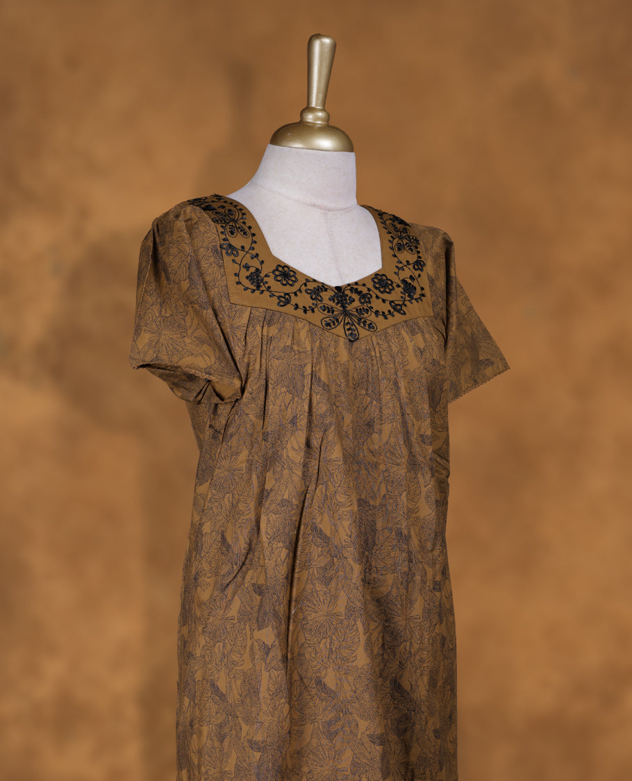 Khaki colour NStyle nighty featuring Black Floral patterns, a Diamond neckline with Black thread design, short sleeves, and a full ankle-length design.