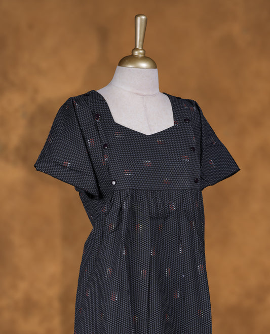 Black colour Nstyle nighty with featuring a gray diamond pattern, a Diamond neckline, short sleeves, and a full-length