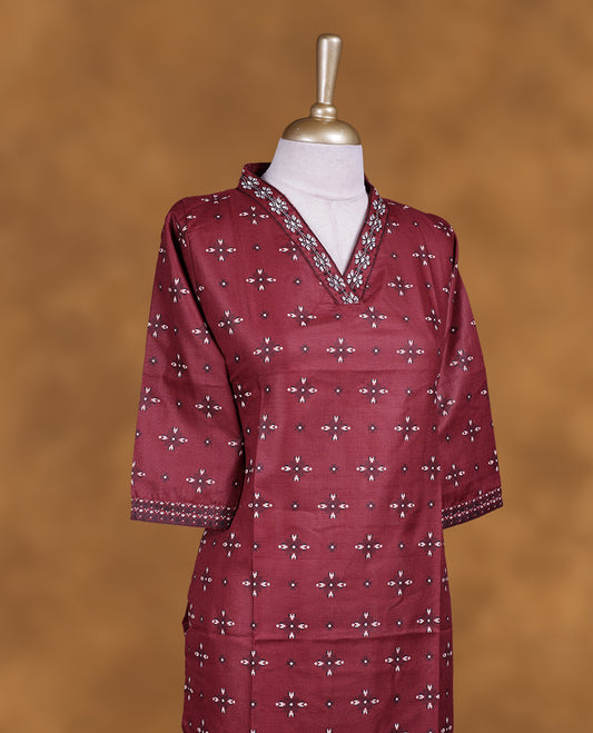 Chocolate Brown colour kurti with styled with a thread pattern around neckline, print on body knee length design, and a sleeve .