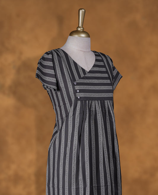 Grey colour NStyle nighty featuring black striped patterns, a V-neckline with button detailing, short sleeves, and a full ankle-length design.