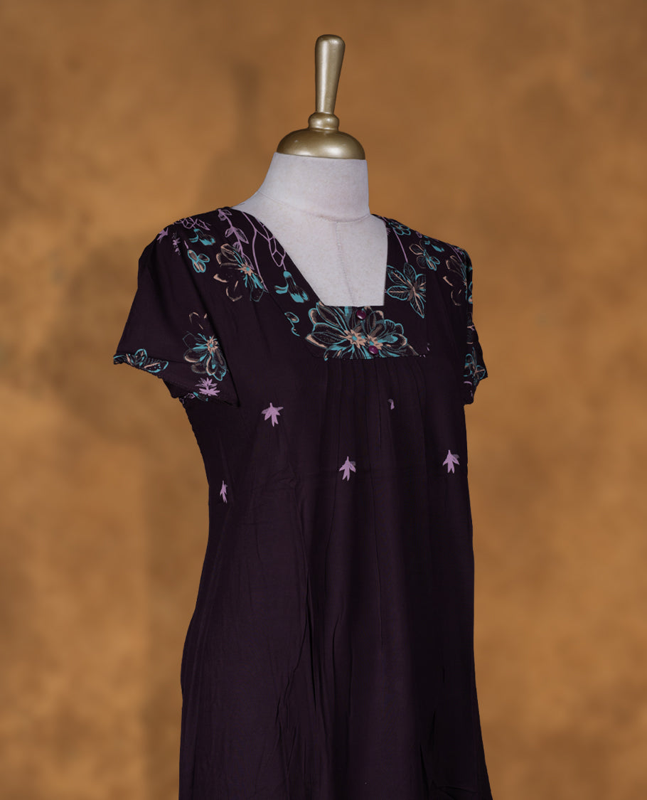 deep dark purple colour NStyle nighty featuring Coloured floral patterns, a V neckline , short sleeves, and a full ankle-length design.
