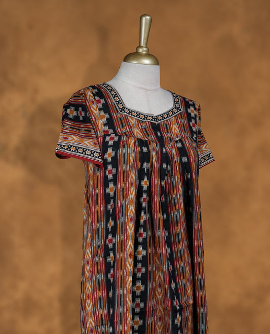 Multicolor colour NStyle nighty featuring tribal striped patterns, a diamond neckline, short sleeves, and a full ankle-length design.