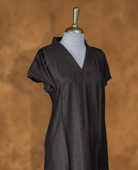 Military olive colour NStyle nighty featuring black moon patterns, a V neckline, short sleeves, and a full ankle-length design.