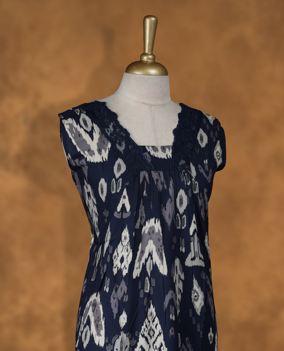 dark blue colour NStyle nighty featuring white & gray pattern, a V neckline with lace details , short sleeves, and a full ankle-length design.