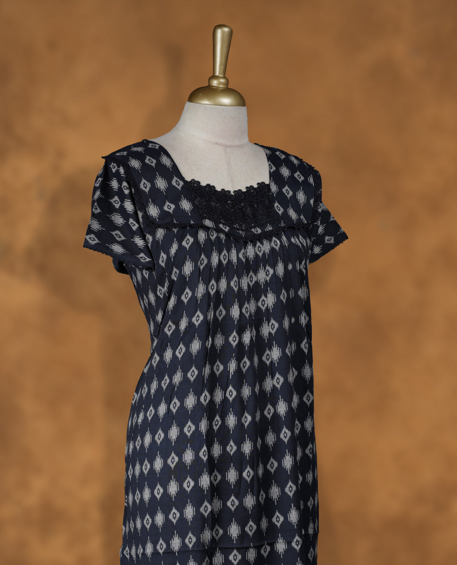 Dark Blue colour Nstyle nighty with featuring a White Diamond pattern, a diamond neckline with lace detailing, Short sleeve, and a full-length
