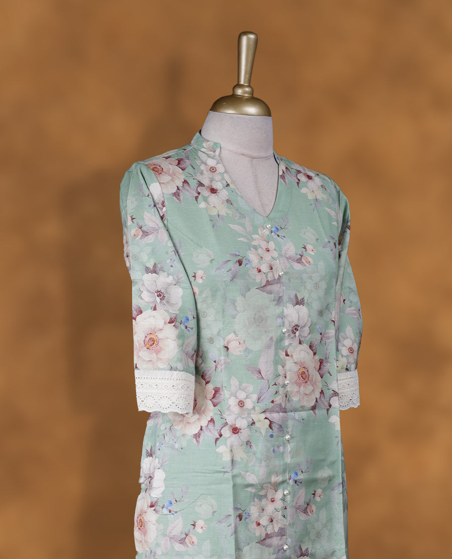 Light green colour kurti by Vismay styled with a collar V neckline, print pattern on body, knee length design, and a sleeve .