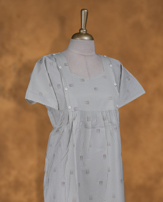 Cream colour NStyle nighty featuring diamond patterns, a diamond neckline, short sleeves, and a full ankle-length design.