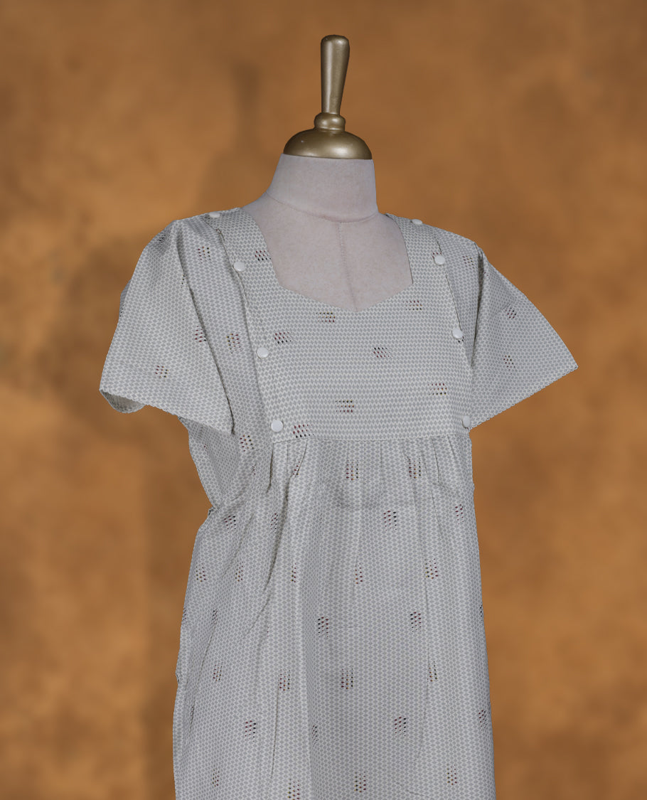 Cream colour NStyle nighty featuring diamond patterns, a diamond neckline, short sleeves, and a full ankle-length design.