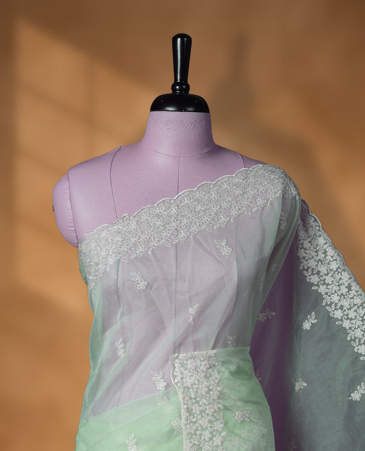 Pastel green colour organza designer saree featuring a subtle self patterned body and an intricately scalloped floral thread embroidered border all around, complemented by a coordinating embroidered pallu and paired with a matching blouse.
