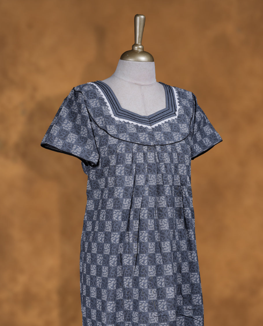 Ashy blue colour NStyle nighty featuring Cream Leaf patterns, a Diamond neckline and thread border, short sleeves, and a full ankle-length design.