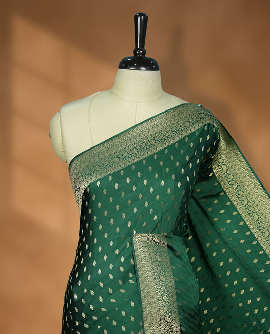 Green Colour semi Banaras satin crepe saree with Gold Zari Leaf Motifs, Traditional Dark Green Border, Elaborate Woven Pallu, Decorative Tassels with Matching Blouse