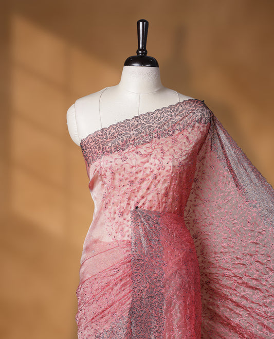 Red & orange double shade colour velvet chiffon designer saree, featuring self colour thread embroidery kodi work on body, stone work and all over motifs on border and  pallu, Paired with matching blouse.