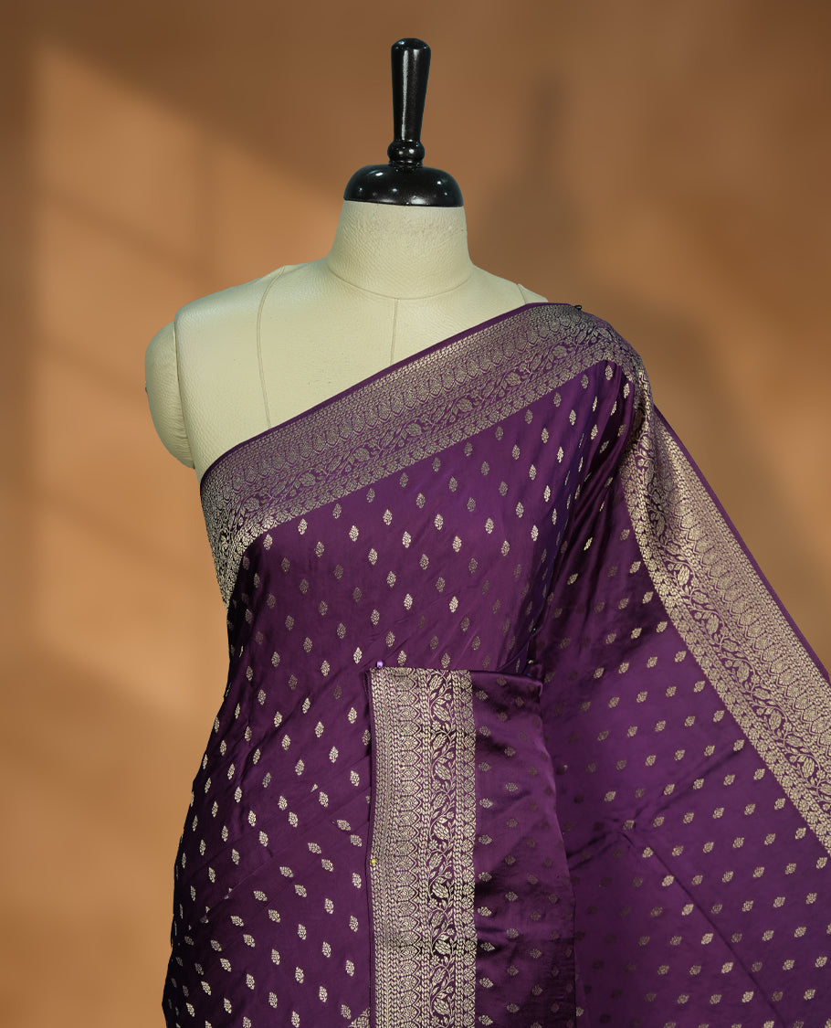 Purple Colour Semi Banaras Satin Crepe Saree with Silver Zari Buti Motifs, Traditional Banarasi Border Design, Woven Pallu with Geometric Patterns, Decorative Tassels, with Matching Blouse