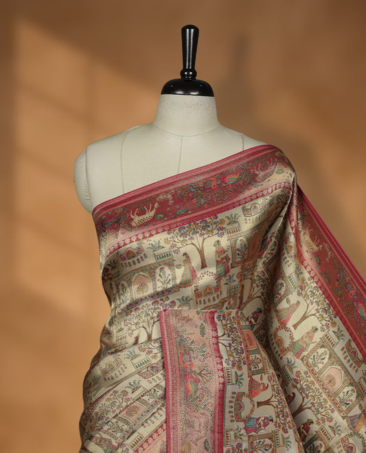 Beige colour Pashmina silk saree intricately woven with Mughal inspired garden scenes and figurative motifs across the body, framed by a rich maroon storytelling border and grand pallu, paired with a coordinated maroon woven jaal blouse piece
