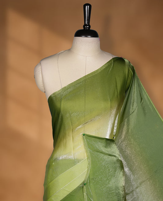 Green Colour Soft Shine Fendy Chiffon Saree, with plain body with contrast border, without blouse.