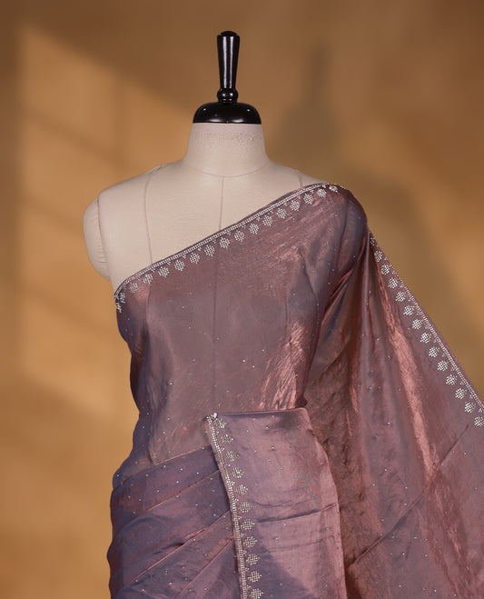 Pink and gray double shade colour chiffon designer saree, featuring white stone all over on body, heavy stone patttern on border and  pallu, Paired with matching blouse.