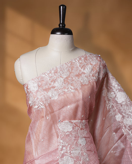 Pastel peach colour organza designer saree featuring a subtle self patterned body and an intricately scalloped floral thread embroidered border all around, complemented by a coordinating embroidered pallu and paired with a matching blouse.