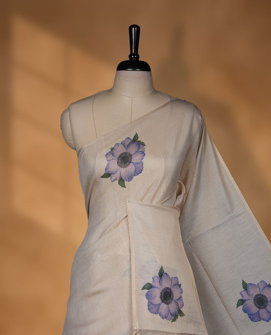 Kerala Tissue saree with Floral Prints and without border with Matching Blouse