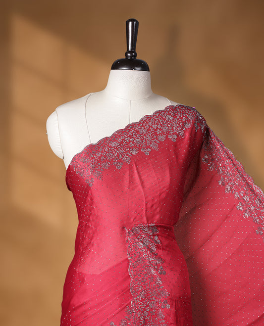 Red colour shimmer designer saree, featuring white scattered stone on body, stone work and heavy stone floral pattern on border and  pallu, Paired with matching blouse.