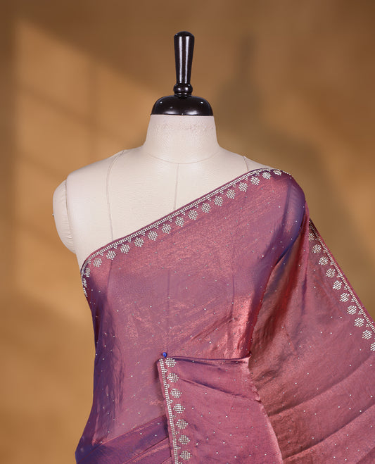 Onion and dark blue double shade colour chiffon designer saree, featuring white stone all over on body, heavy stone patttern on border and  pallu, Paired with matching blouse.