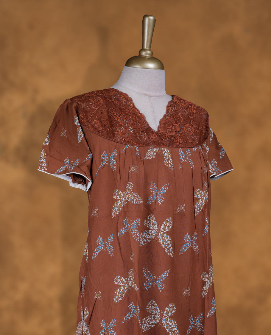 Brown colour NStyle nighty featuring Butterfly patterns, a V neckline with design lace, short sleeves, and a full ankle-length design.
