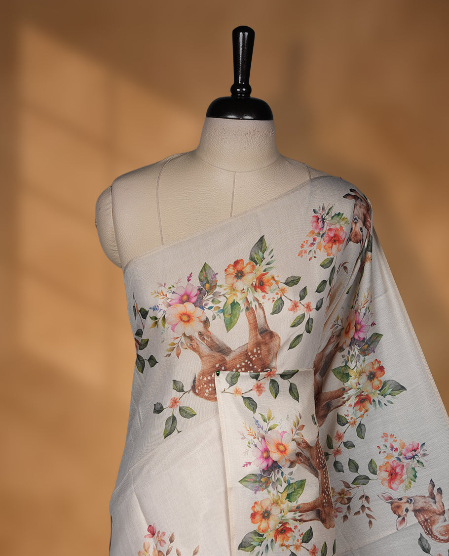 Kerala Tissue saree with floral & deer Prints and without border with Matching Blouse