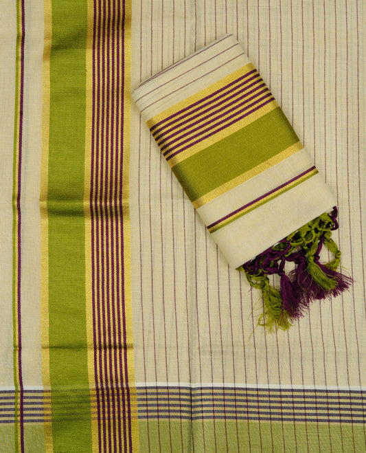 Cream Colour tissue set mundu featuring a striped body, complemented by a vibrant green and purple kara with elegant gold zar kara