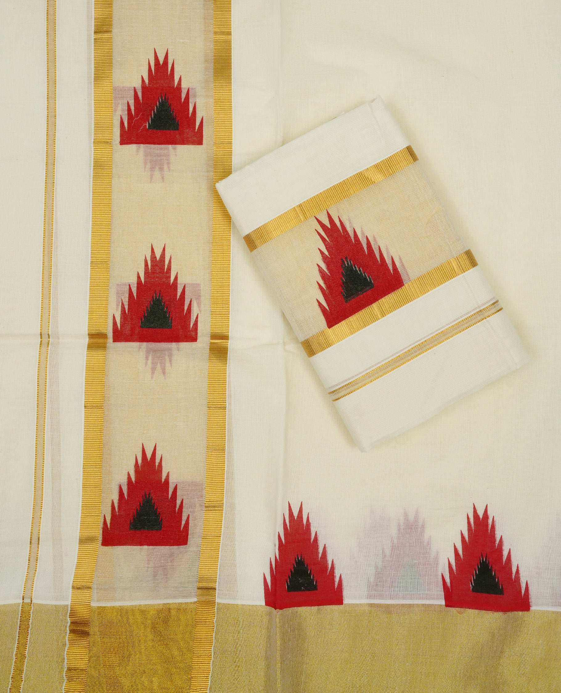 Cream colour cotton set mundu featuring simple Kasav with red temple print.