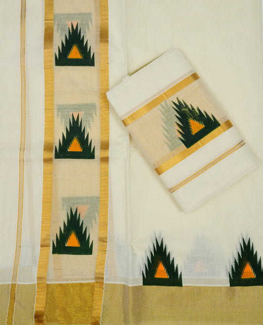 Cream colour cotton set mundu Kasav kara with green colour temple design print.