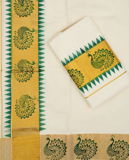 Cream colour cotton Set Mundu With Plain body, enhanced with Gold zari & Peacock printed kara.