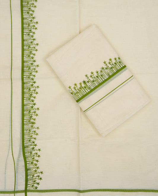 Cream colour cotton Set Mundu With Plain body, enhanced with Green with Printed kara.