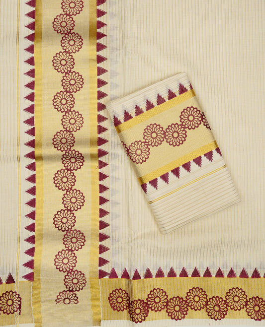 Cream colour cotton set mundu Featuring Gold zari Strips on body, complemented by Gold with Floral print kara.