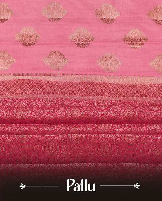 Pink Banaras soft silk saree with gold zari oval motifs on body, with contrast mangena colour floral pattern on pallu, border, and Matching blouse.