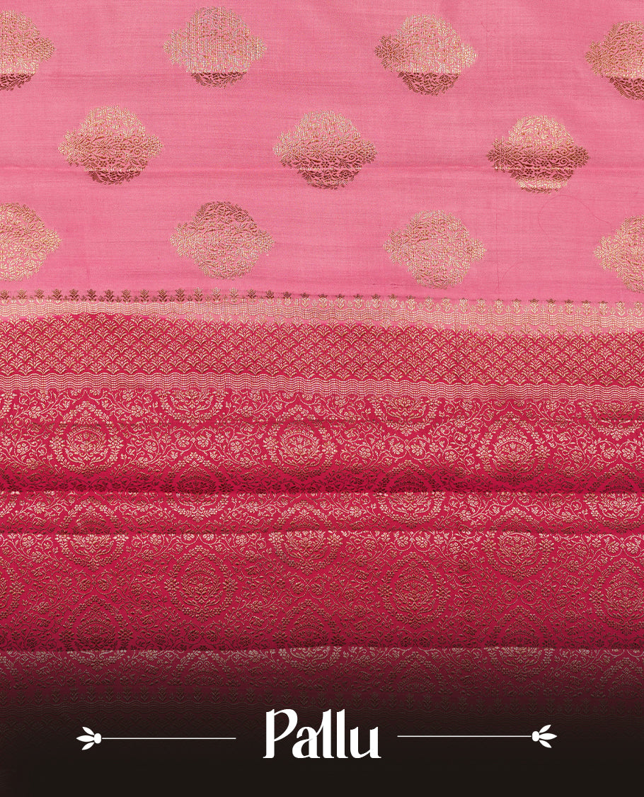 Pink Banaras soft silk saree with gold zari oval motifs on body, with contrast mangena colour floral pattern on pallu, border, and Matching blouse.