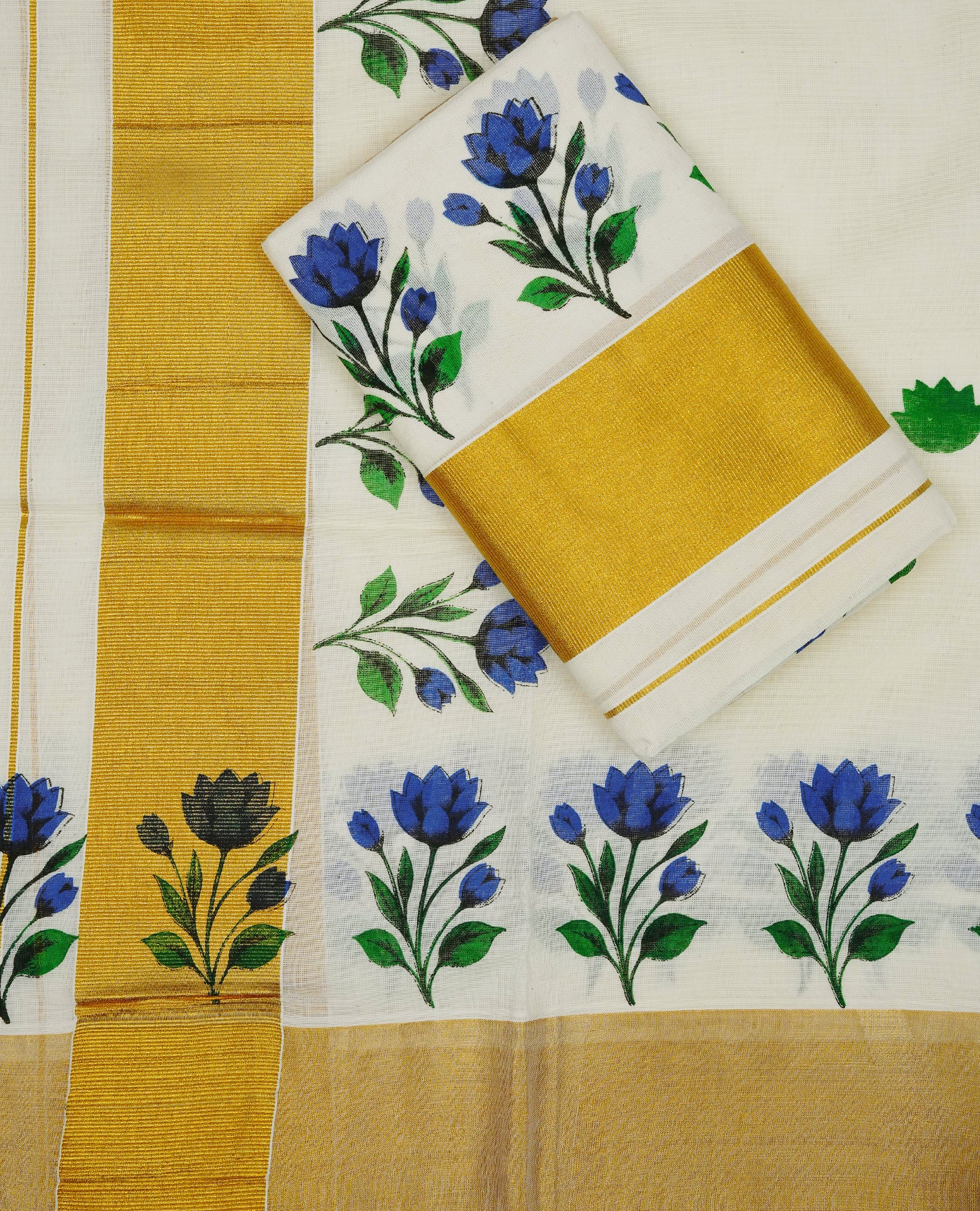 Cream colour cotton set mundu featuring kasav kara with Blue flower print.